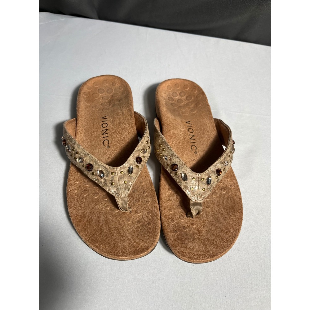 Vionic‎ Lucia Tan Snake Embossed Jeweled Orthotic Thong Sandals Womens 7.5